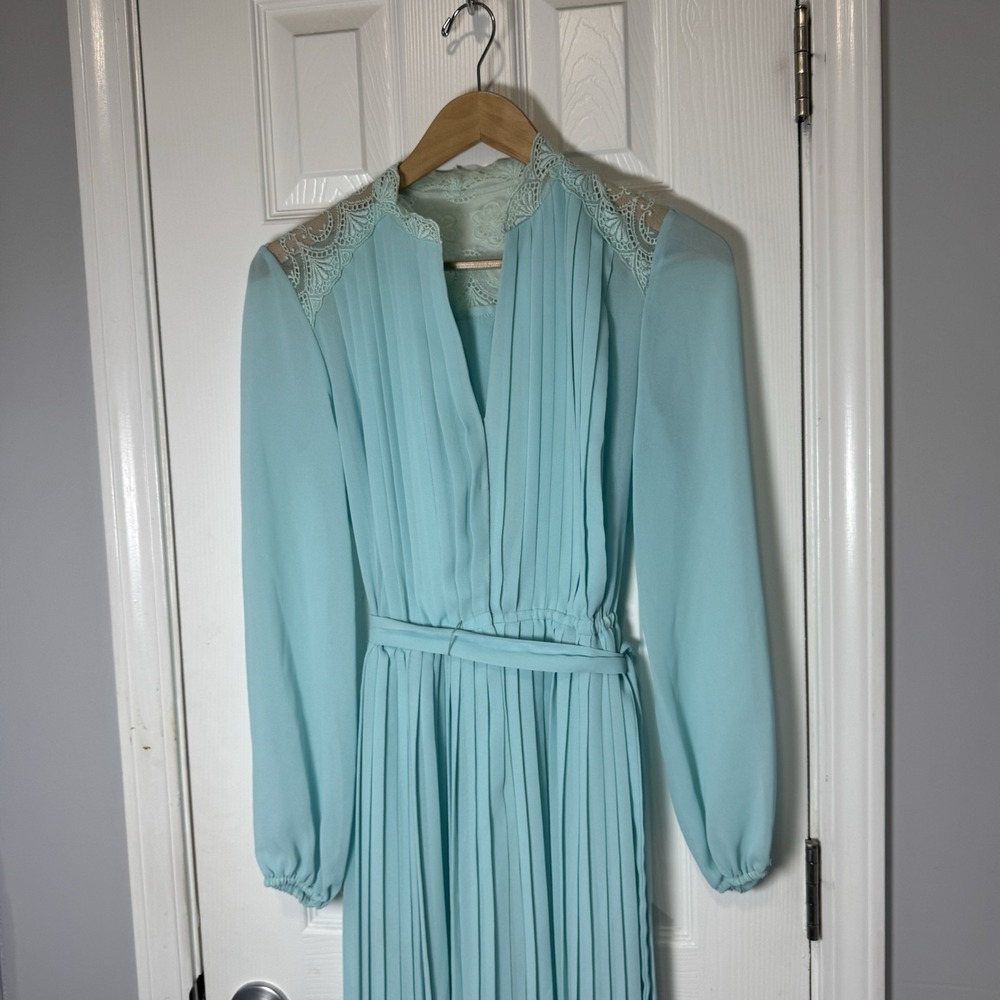 Vintage 70's Blue Maxi Dress Gown Chiffon Mock Neck Lace Evening Gatsby M/L - Picture 4 of 9